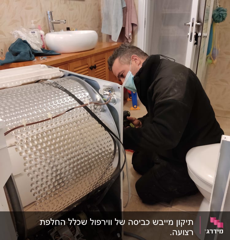 טכנאי מתקן מכונת כביסה פתוחה בחדר אמבטיה